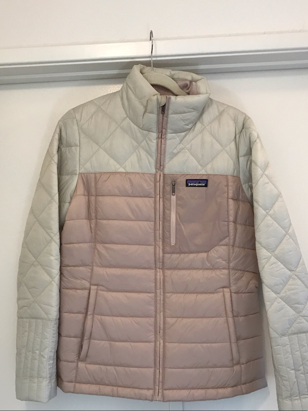 Patagonia Women’s Quilted Puffer Jacket in Pink and Cream